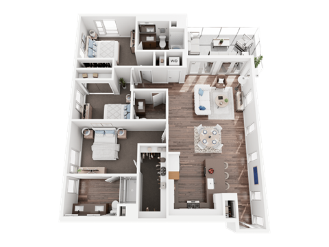 A top-down view of a house layout with multiple rooms and furniture.